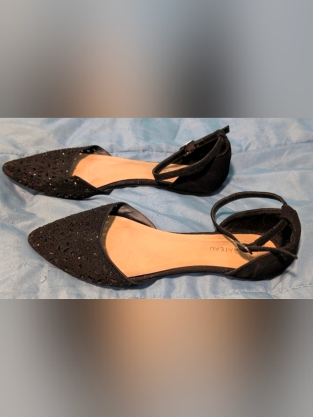 Le Chateau Suede Black Flats with Ankle Strap and Pointed Toe